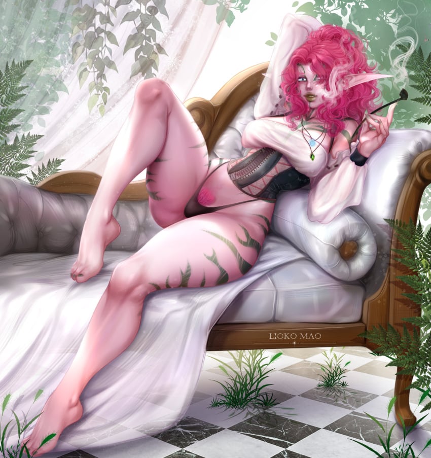 1girls arm_behind_head artist_name bent_leg body_markings clothed clothing commission corset detailed_background dress elf elf_ears elf_female female female_only green_lipstick hair_over_one_eye liokko_mao long_hair looking_at_viewer lying lying_on_back lying_on_couch necklace pink_hair pink_pubic_hair pink_skin pipe pubic_hair slit_pupils smiling smiling_at_viewer smoking solo striped_skin thick_thighs thong very_high_resolution