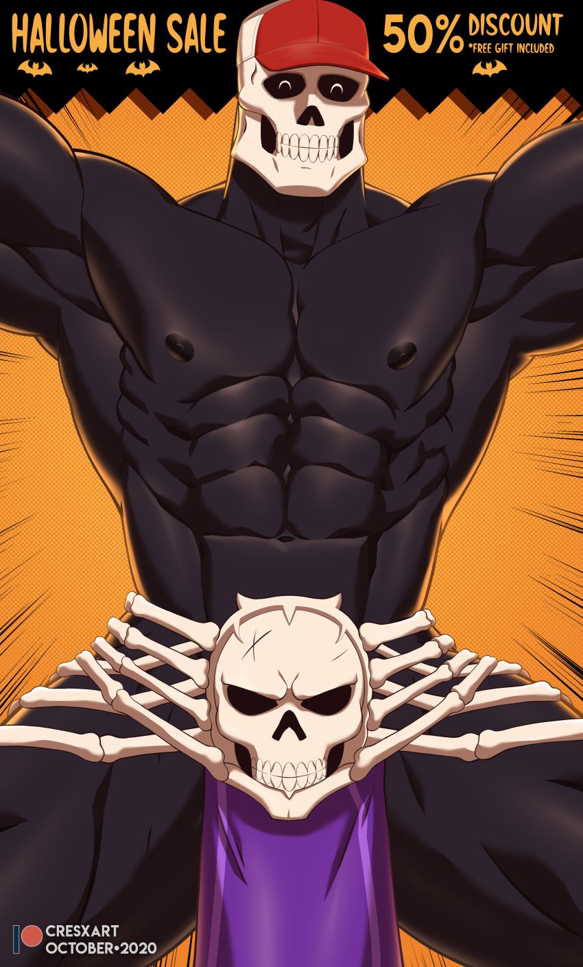 1boy 2020 abs bara barazoku biceps cresxart double_dragon_neon english_text gay halloween hi_res highres kunio-kun loincloth male male_focus male_only manly muscles muscular muscular_arms muscular_legs muscular_male muscular_thighs nipples river_city_girls skeleton skull_head skullmageddon solo solo_male spread_legs text