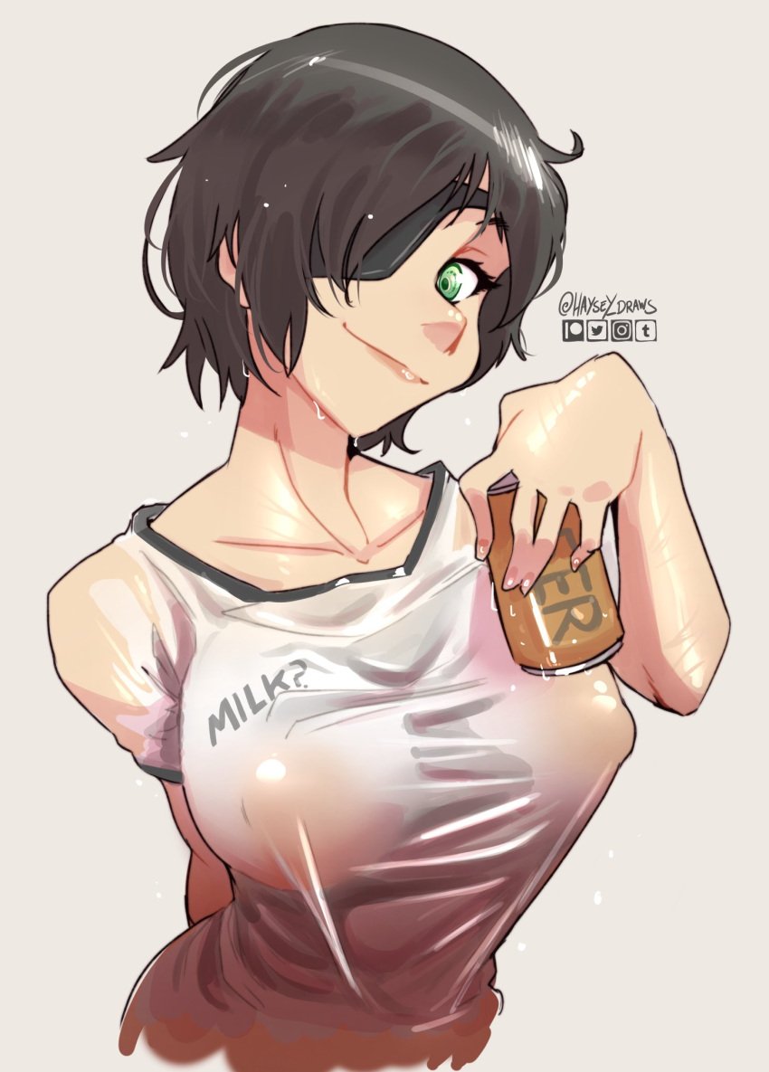 beer big_breasts chainsaw_man eyepatch female female_only haysey_draws himeno_(chainsaw_man) light-skinned_female looking_at_viewer mappa milk pointy_chin see-through wet wet_clothes