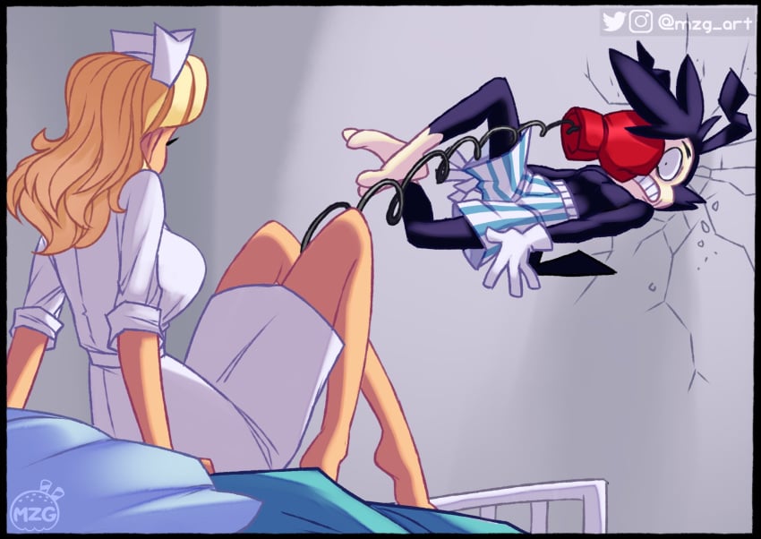 1boy 1girls animaniacs animaniacs_(2020) animification anthro bed bed_sheet big_breasts blonde_hair boxers boxing_glove breasts female furry furry_male hat hello_nurse large_breasts lupin_dive lupin_iii male male_underwear nurse nurse_cap parody red_boxing_glove underwear what yakko_warner