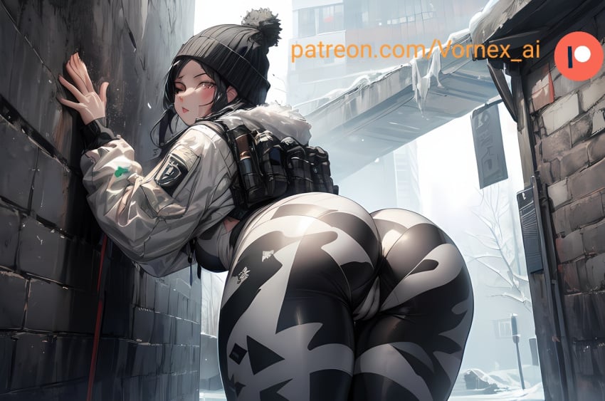 1girls against_wall ai_generated bending_over bent_over curvy curvy_female curvy_figure frost_(rainbow_six) hat holster leggings looking_at_viewer rainbow_six_siege seductive short_hair sitting thick_thighs thighs vornex_ai