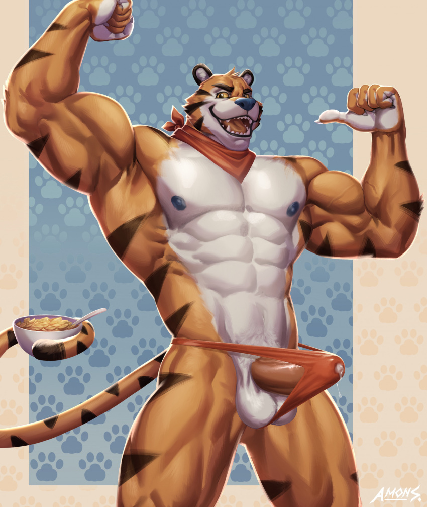 1boy 2023 abs amon-sydonai anthro balls biceps big_muscles black_lips blue_nipples blue_nose bodily_fluids cereal cereal_bowl claws clothed clothing countershade_torso countershading digital_media_(artwork) digital_painting_(artwork) felid fist flexing food frosted_flakes fur genital_fluids genitals hi_res jockstrap kellogg's kerchief lips looking_at_viewer male male_only mammal markings mascot multicolored_body muscular muscular_anthro muscular_male muscular_thighs neckerchief nipples obliques open_mouth orange_body orange_fur pantherine pecs penis precum precum_through_clothing precum_through_jockstrap precum_through_underwear red_clothing red_jockstrap red_kerchief red_neckerchief red_underwear sharp_teeth simple_background smile solo standing striped_body striped_fur stripes tail tail_holding_object tail_markings teeth tiger tony_the_tiger topless underwear underwear_only vein veiny_penis wet wet_clothing white_body white_fur