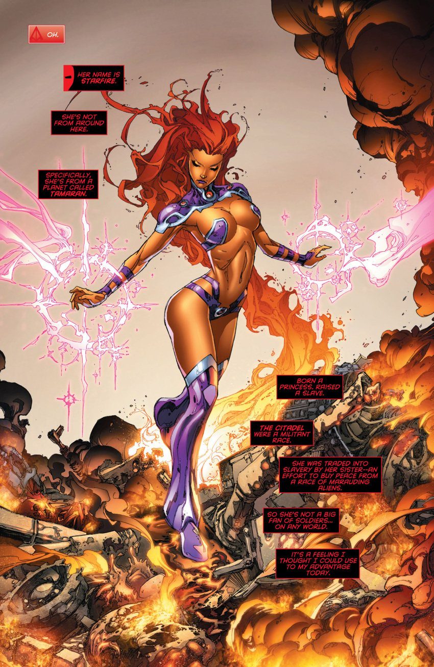 canonical_scene closed_eyes comic_page dc dc_comics english english_text female fire_hair koriand'r long_hair new_52 official_art orange_skin purple_lipstick red_hair red_hood_and_the_outlaws starfire starfire_(comics) tamaranean teen_titans text text_box