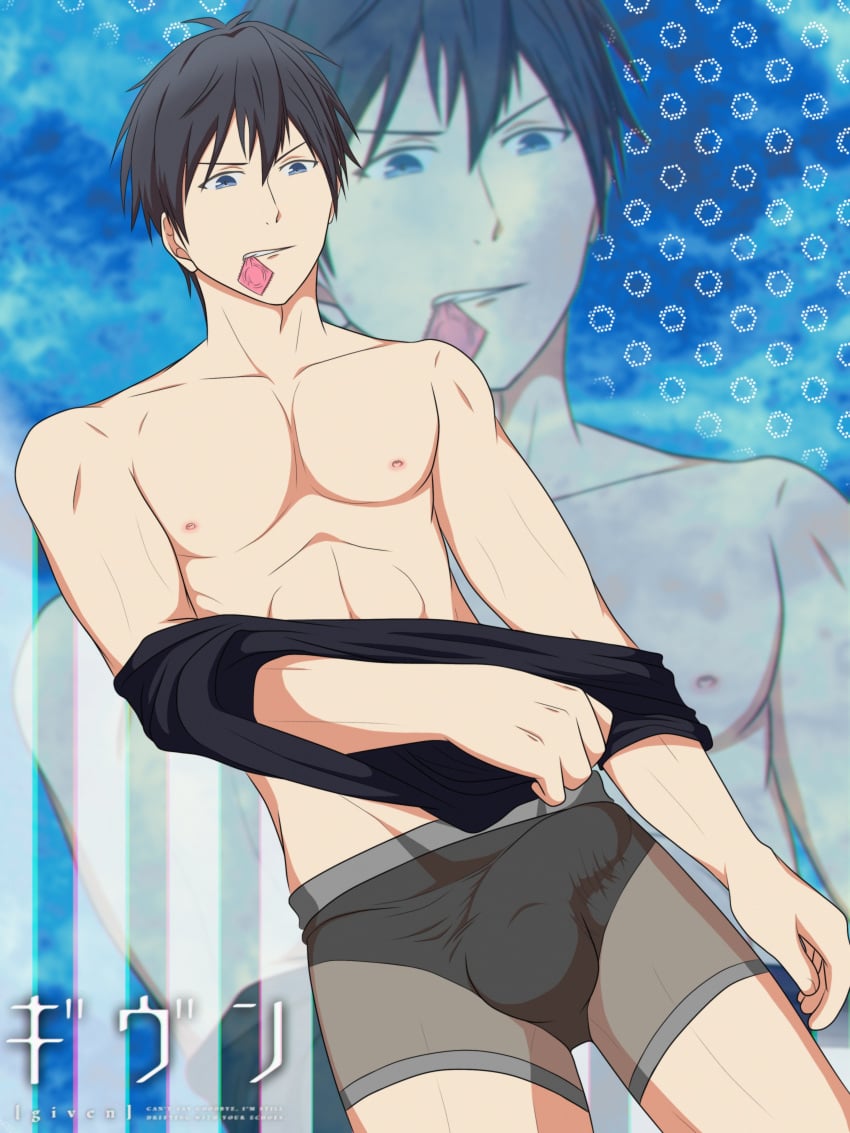 big_balls big_bulge black_hair black_shirt blue_hair bulge condom condom_in_mouth gay given_(anime) male male_only plagion shirt skinny uenoyama_ritsuka_(given) undressing yaoi