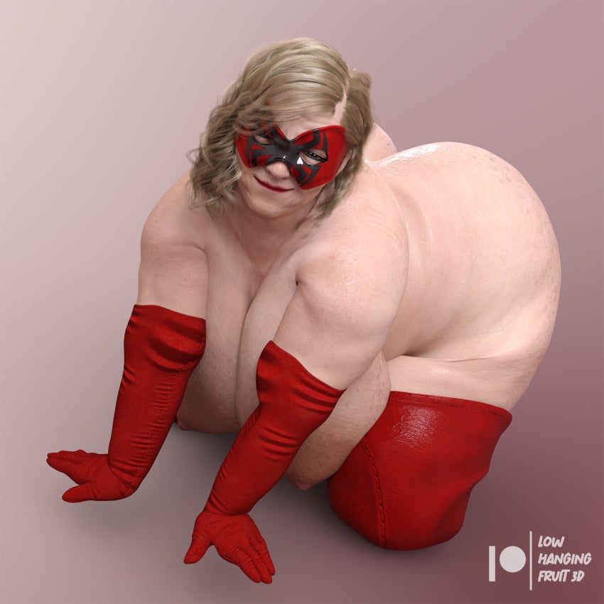 3d 3d_(artwork) ass bbw big_ass big_breasts blonde_hair blue_eyes breasts daz3d daz_studio fat_ass female gilf granny hips kneeling large_ass large_breasts looking_at_viewer lowhangingfruit3d_(artist) mature_female obese old_woman original_character overweight overweight_female pinup solo solo_female solo_focus spider-gran_(lhf3d) superhero superhero_costume superheroine sweat sweating thick_ass wide_hips