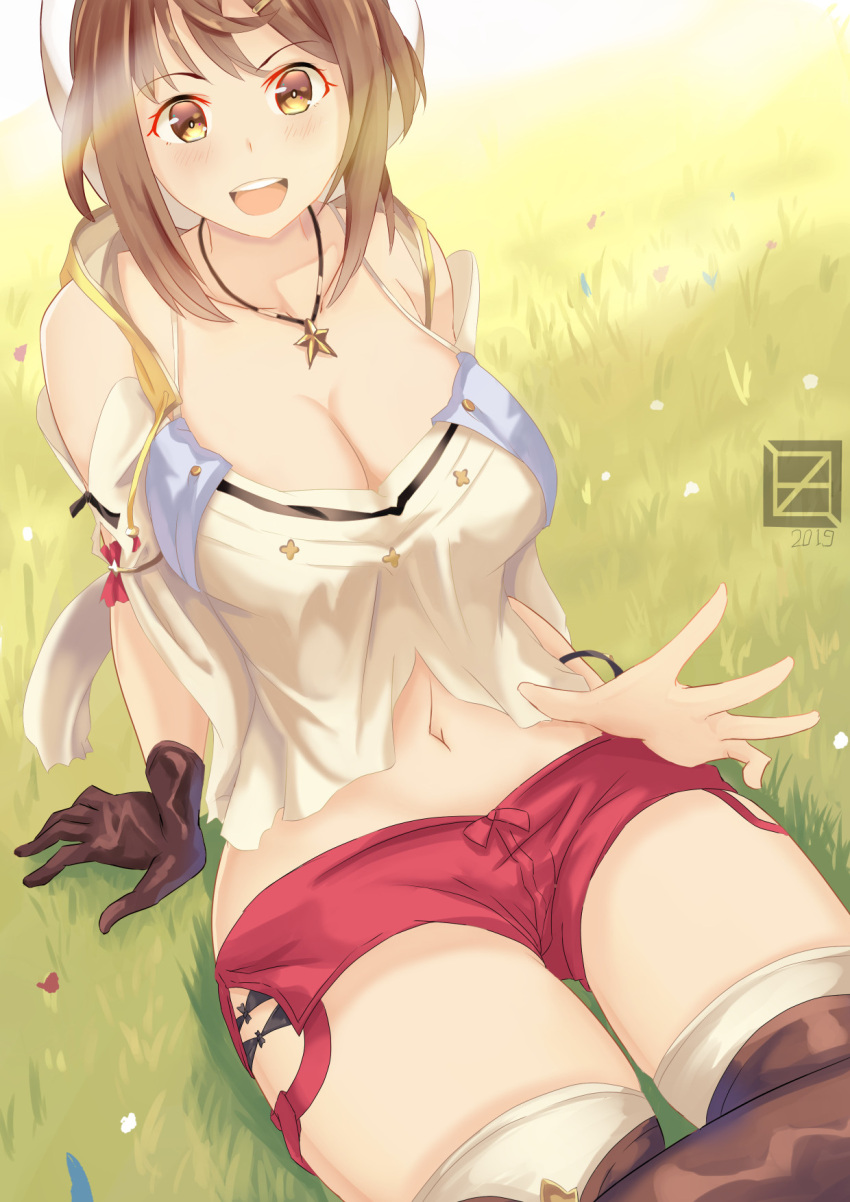 atelier_(series) atelier_ryza big_breasts blush breasts eyebrows_visible_through_hair gloves grass hourglass_figure looking_at_viewer navel necklace nez-3 open_mouth reisalin_stout sitting sitting_on_ground thick_thighs