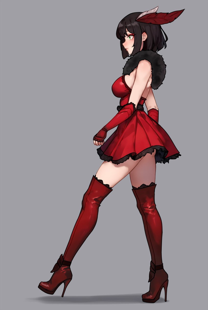 black_hair bluefield dress feathers fully_clothed green_eyes heel_boots heels long_legs medium_breasts miltiades_malachite rwby safe short_hair simple_background thighhigh_boots walking