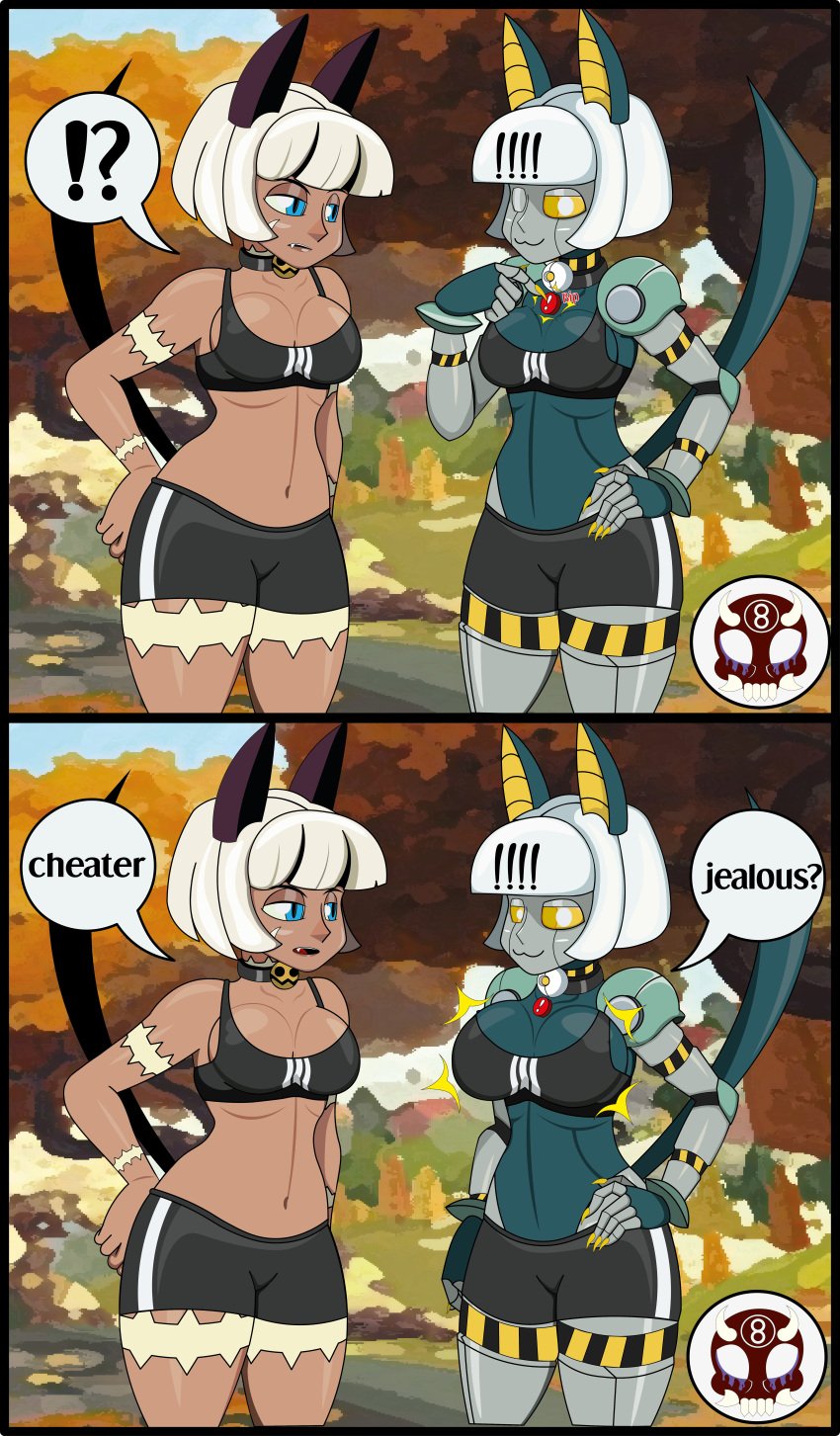 8ball9615 blue_eyes body_scars breast_expansion cat_ears cat_humanoid cat_tail catgirl collar medium_breasts medium_support_(meme) nadia_fortune robo-fortune robot_humanoid skullgirls sport_shorts sports_bra sportswear white_hair yellow_eyes