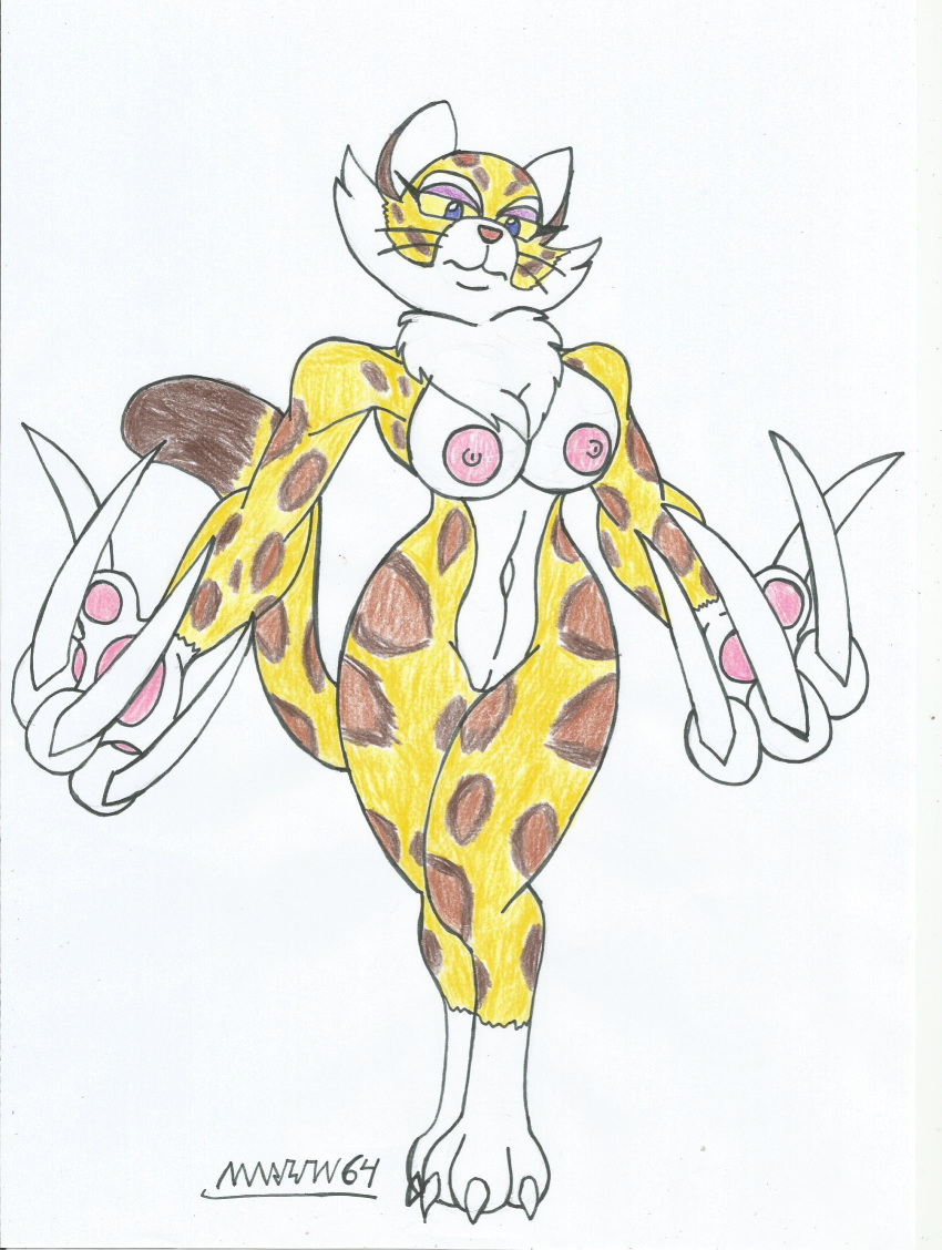 anthro breasts clawroline eyeshadow furry kirby_(series) leopard long_nails marlon64 naked_female traditional_media_(artwork) video_game_character white_background wide_hips