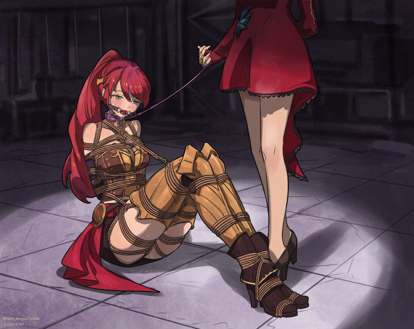 ball_gag bondage bound cinder_fall collar dubious_consent dungeon female female_only femdom femsub fully_clothed gag green_eyes high_heels legs long_hair long_legs medium_breasts nero_augustus ponytail pyrrha_nikos red_hair restrained rope rope_bondage rwby slave tears