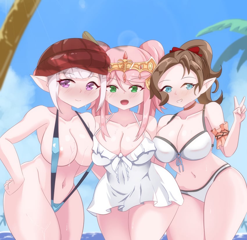 3girls beach big_breasts bikini blue_eyes bow breasts brown_hair coconut_tree eyebrows_visible_through_hair eyelashes_visible_through_hair final_fantasy final_fantasy_xiv g-string green_eyes hourglass_figure krile_mayer_baldesion_(ff14) lalafell multiple_girls nanamo_ul_namo navel nez-3 nipples open_mouth outdoors outside pink_hair purple_eyes sky sling_bikini tagme tataru_taru thick_thighs thighs white_bikini white_hair white_skin