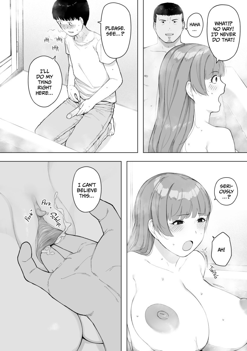 1girls 2boys big_breasts black_and_white blush_lines boss_and_subordinate cheating_wife clitoris cuck cuckold cuckold_masturbating finger_in_pussy hand_on_penis larger_male masturbation moaning netorare ntr ntrobo original original_characters penis_out pussy_juice pussy_juice_trail smaller_male uncensored voyeur voyeurism