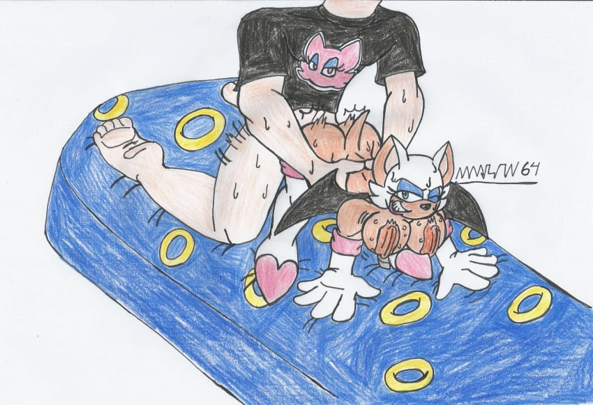 1boy1girl anal_sex big_ass big_breasts bouncing_breasts doggy_style elbow_gloves eyeshadow fanboy furry high_heel_boots human_on_anthro marlon64 penetration rouge_the_bat sex_on_bed shirt_only sonic_(series) sweat traditional_media_(artwork)