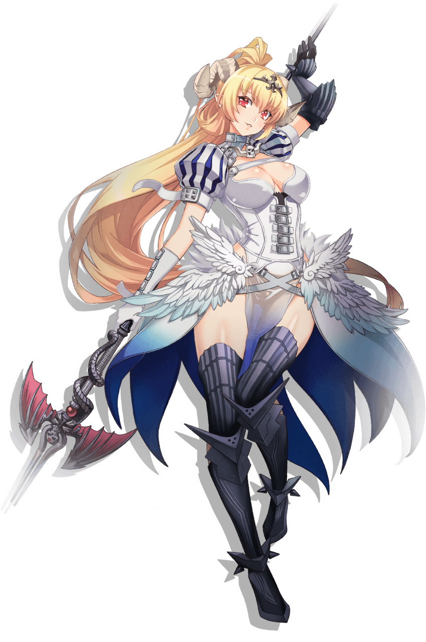 angel_wings armor armored_boots asymmetrical_gloves blonde_hair boots cleavage damnedrive demon_girl demon_horns detached_sleeves dress feathered_wings full_body high_ponytail highres horns huge_breasts lucifer_(nanatsu_no_taizai) monster_girl nishii_(nitroplus) official_art open_mouth pelvic_curtain pointy_ears puffy_short_sleeves red_eyes scan simple_background sin_nanatsu_no_taizai smile solo_female thigh_boots thighhighs weapon white_dress