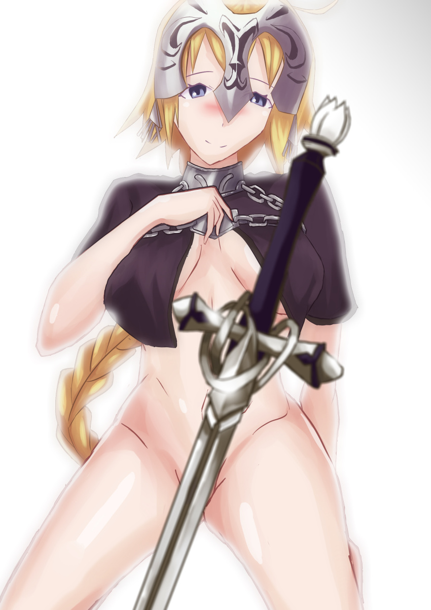 blonde_hair breasts fate/grand_order fate_(series) jeanne_d'arc_(fate) looking_at_viewer medium_breasts nez-3 no_bra no_panties simple_background thick_thighs white_background