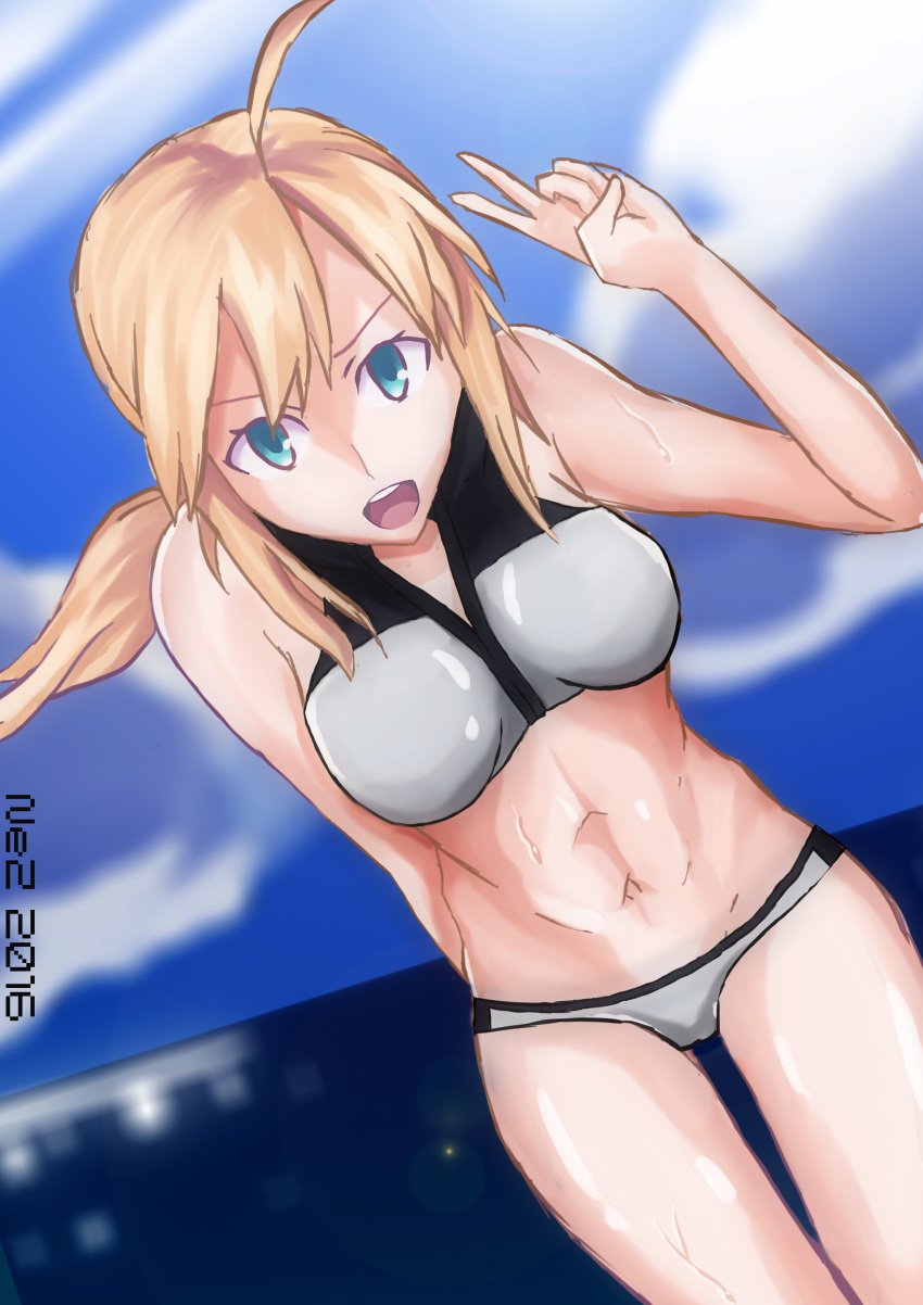 1girls artoria_pendragon blonde_hair blue_eyes blue_sky blush cloud fate/grand_order fate_(series) female looking_back_at_viewer naked naked_female navel nez-3 nipples nude nude_female open_mouth peace_sign pointy_chin pussy sky tagme thick_thighs