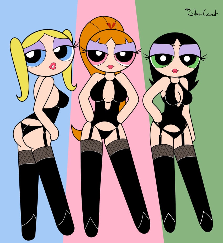 3girls adult_version aged_up ass ass_cleavage bangs bedroom_eyes black_hair black_legwear black_lips blonde_hair blossom_(powerpuff_girls) blue_eyes boots bow breasts bubble_ass bubble_butt bubbles_(powerpuff_girls) butt butt_crack buttercup_(powerpuff_girls) cartoon_network cleavage closed_mouth dat_ass eyelashes eyeshadow female female_only fishnets garter_belt garter_straps green_eyes grown_up half-closed_eyes human human_only latex light-skinned_female light_skin lingerie lipstick long_hair looking_at_viewer looking_back multiple_girls orange_hair pale-skinned_female pale_skin pink_eyes powerpuff_girls rear_view round_ass round_butt seductive_look silvercoconut sisters smile standing stockings twintails young