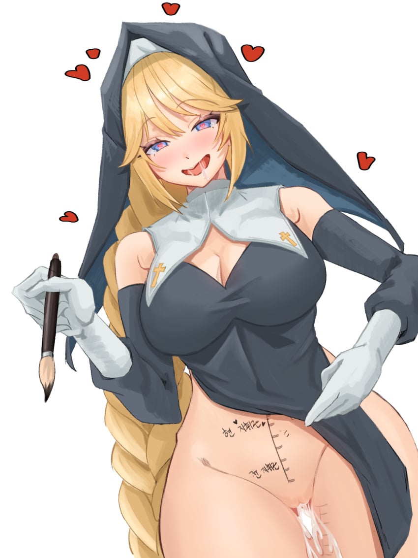 1girls after_sex after_vaginal black_dress blonde_hair blue_eyes bluepaint blush braid breasts cleavage clothes_lift cowboy_shot cross cum cum_in_pussy cum_inside detached_collar detached_sleeves dress gloves goddess_of_victory:_nikke heart heart-shaped_pupils hi_res korean_text large_breasts long_hair looking_at_viewer no_panties nun open_mouth paintbrush pleasure_face rapunzel_(nikke) saliva solo solo_female tattoo thighs veil white_gloves