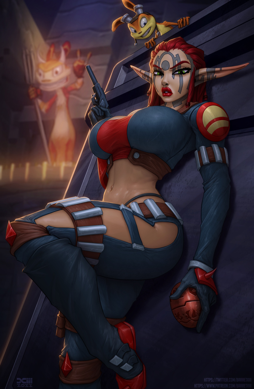 1girls against_wall ashelin_praxis barretxiii big_breasts breasts busty cleavage clothed cropped_jacket daxter dreadlocks face_tattoo female green_eyes gun jak_and_daxter large_breasts legs lipstick looking_at_viewer midriff navel one_leg_up pants pinup red_hair red_lipstick sensual skimpy solo_focus tanned_skin tattoo thick_lips thighs thong thong_above_pants toned tubetop voluptuous