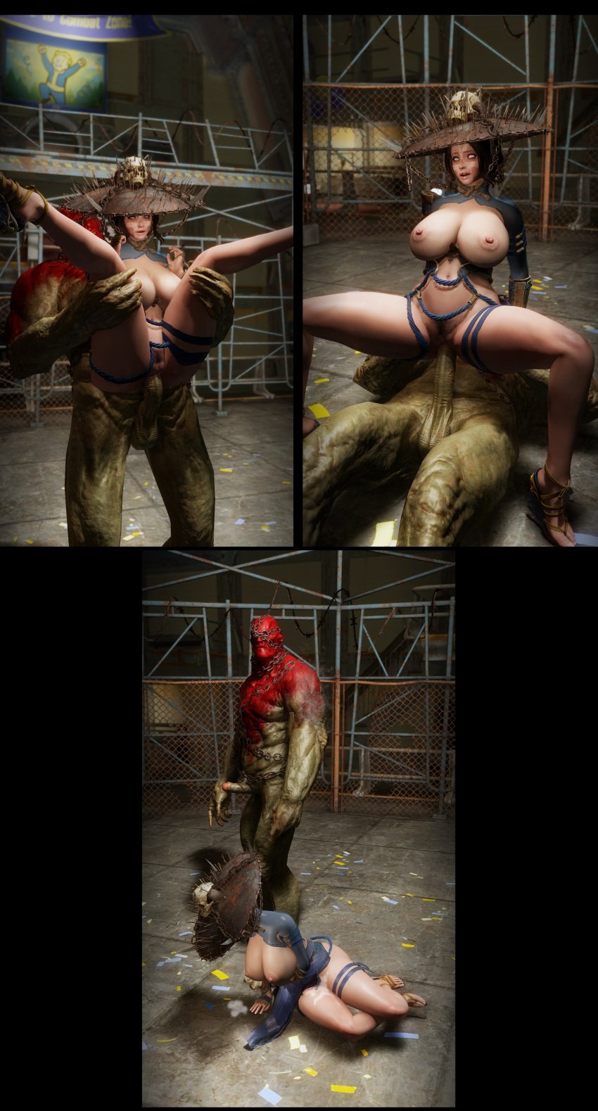 3d asian_clothing bethesda_softworks blind_eye breast_exposed cage_match cowgirl_position fallout mixed_fight rape reverse_cowgirl_position screenshot standing_sex straight super_mutant tired vault_boy