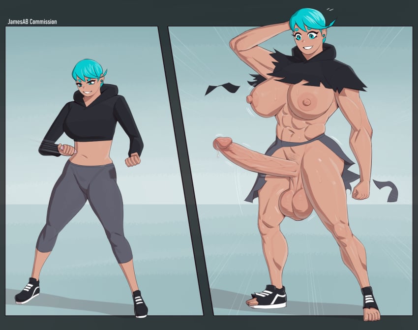 amazon beanie before_and_after breast_expansion futanari futanari_transformation green_eyes green_hair hands_behind_head height_growth hoodie huge_cock injection jamesab large_ass large_balls large_breasts large_penis muscles muscular muscular_futanari ripped_clothing transformation