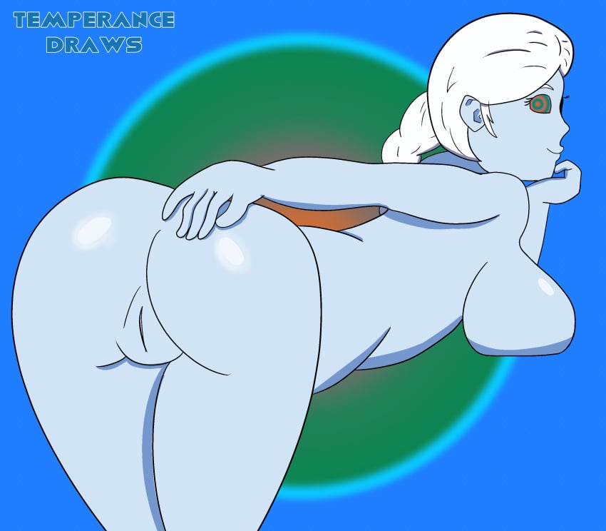 angel_(dragon_ball) ass bent_over blue_skin braid braided_hair braided_ponytail breasts cus dragon_ball dragon_ball_super exposed exposed_ass exposed_pussy hand_on_butt hand_on_chin hypnosis large_breasts long_hair looking_back mind_control presenting presenting_hindquarters pussy ringed_eyes smile smiling solo solo_female solo_focus temperancedraws white_hair