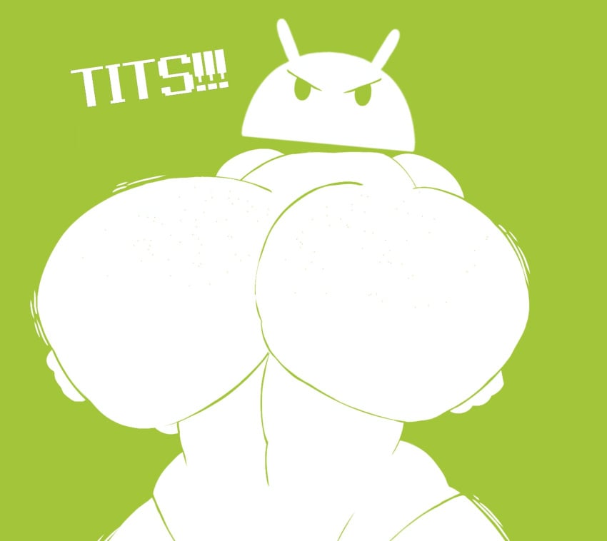 1girls 2023 android_(os) angry angry_face bare_midriff big_breasts breast_focus breasts bugdroid english_text featureless_breasts female female_focus gigantic_breasts green_background huge_breasts large_breasts looking_at_viewer mascot midriff motion_lines solo solo_focus text top_heavy videogamedunky white_body