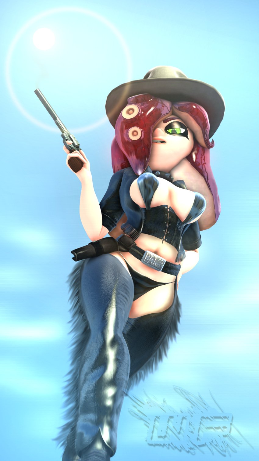 3d 3d_(artwork) cowgirl_(western) looking_at_viewer octoling octoling_girl revolver sheila_(wingfury) splatoon wing_fury