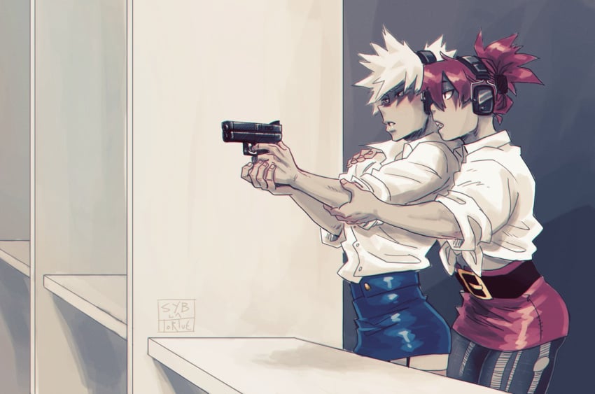 2boys automatic_weapon crossdressing ear_protection eijirou_kirishima gay gun katsuki_bakugou male/male male_only miniskirt my_hero_academia pantyhose pistol ripped_clothing ripped_pantyhose shooting_range syblatortue tagme yaoi