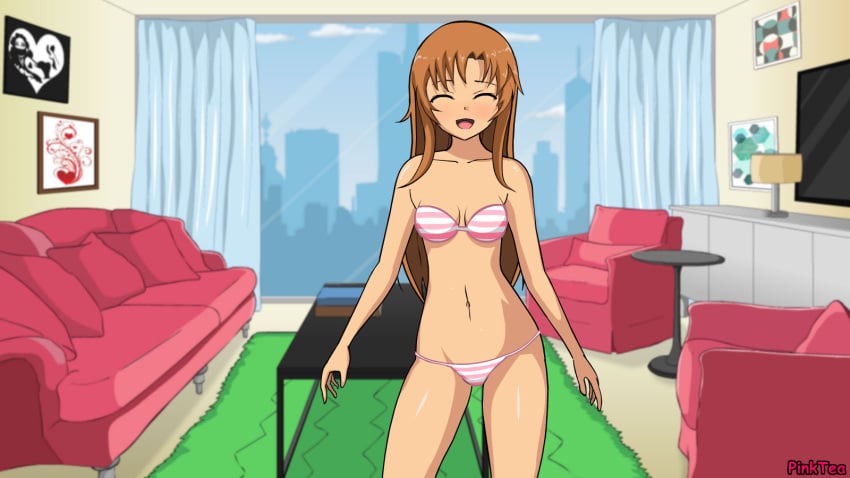 1girls bond_of_ecstasy bra breasts brown_hair building_background chairs closed_eyes couch curtains game_cg lamp long_hair looking_at_viewer medium_breasts midriff navel one_eye_closed panties picture_frame pinktea rug slave strapless_bra striped_bra striped_panties tv window