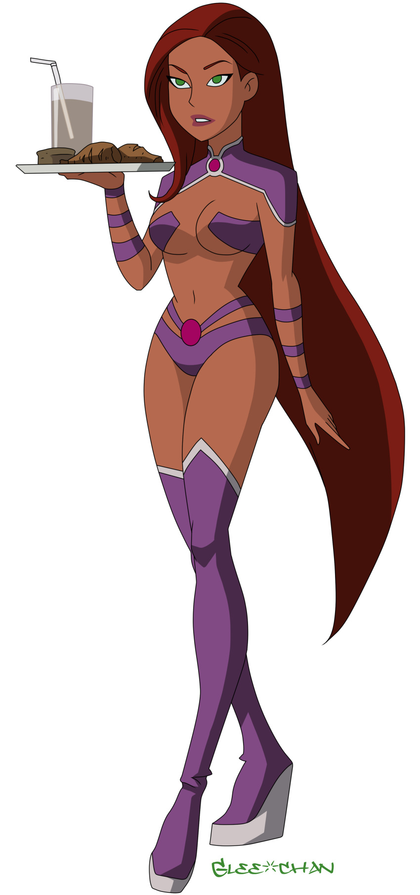 batman_and_harley_quinn dc dcau female_focus glee-chan green_eyes holding_plate long_hair red_hair revealing_clothes solo solo_female solo_focus starfire_(cosplay) tan tanned_skin transparent_background waitress walking