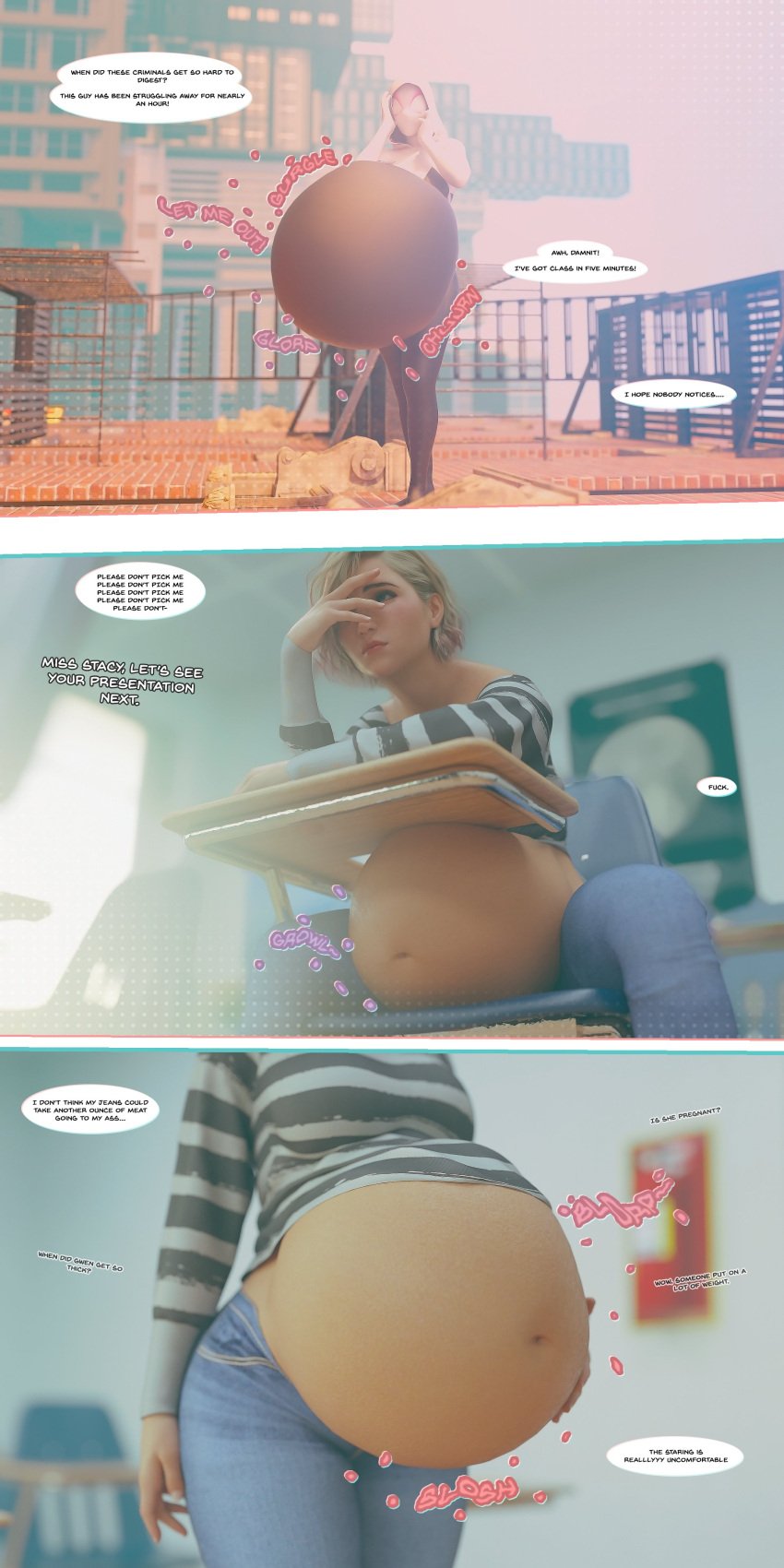 3d belly belly_expansion big_belly breasts classroom digestion digestion_noises digestion_sequence diskdata embarrassed fat female_pred ghost_spider gwen_stacy hand_on_belly marvel marvel_comics peter_parker post_digestion post_vore sloshing_belly spider-gwen spider-man:_across_the_spider-verse spider-man:_into_the_spider-verse spider-man_(series) spiderverse thick_thighs thighs vore vore_belly