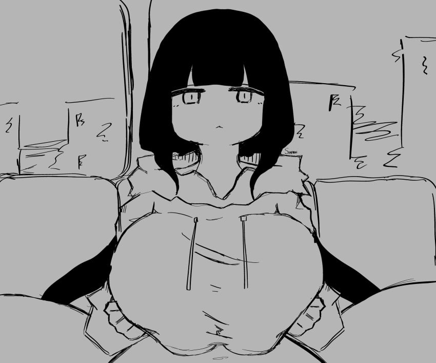 1boy 1girls black_and_white black_hair breasts expressionless gore_encore greyscale hoodie huge_breasts inabakumori low_twintails monochrome mv_character osage-chan paizuri paizuri_under_clothes pov public_sex straight train train_interior