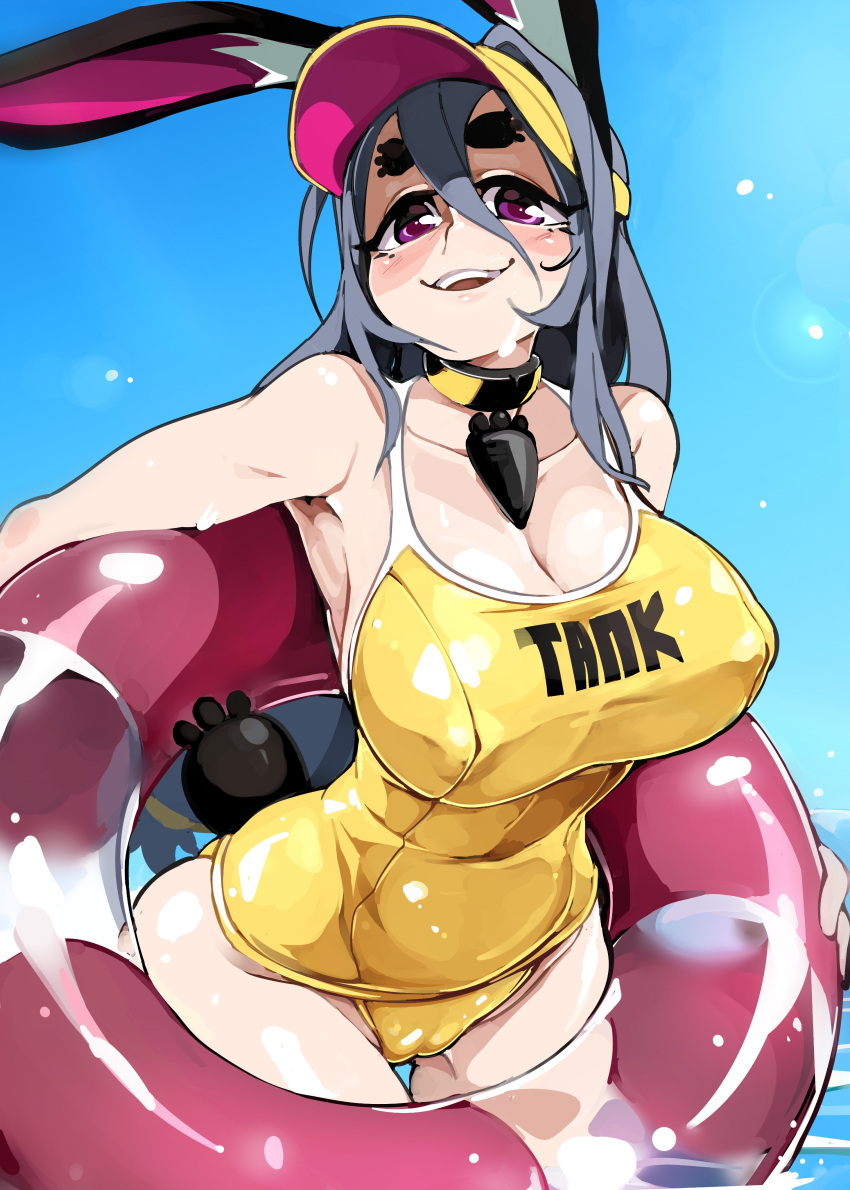 1girls absurd_res big_breasts bongfillstudent bunny_ears bunny_girl bunny_industry_(bongfillstudent) bunny_tail cameltoe cap collar female female_only grey_hair in_water inflatable long_hair looking_at_viewer narrowed_eyes nipple_bulge purple_eyes smiling smiling_at_viewer solo swimsuit tank_bunny_(bongfillstudent) text_on_clothing thick_eyebrows