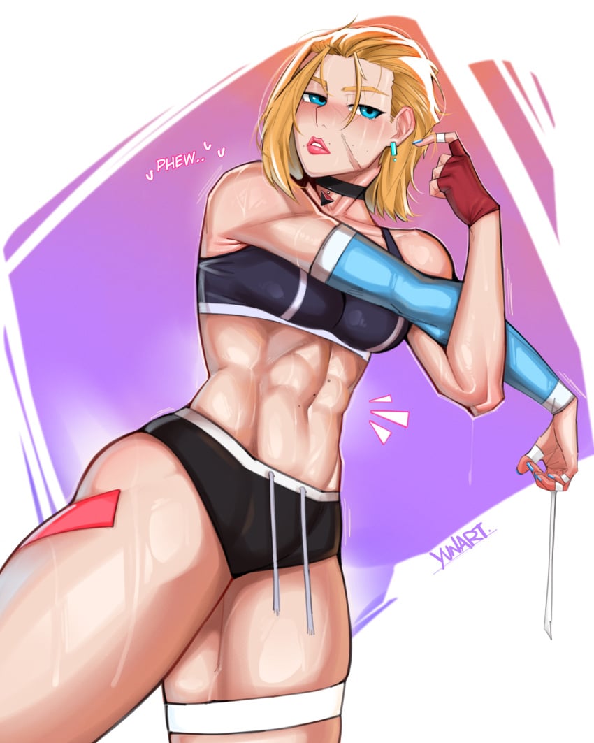 1girls abs armwear black_shorts blonde_hair blue_eyes blue_nail_polish blue_nails blush bottomwear breasts cammy_white capcom ear_piercing earrings english english_text female female_only hair lips muscular muscular_female nail_polish nails neckwear shorts solo solo_female sports_bra sports_uniform sportswear street_fighter sweat sweatdrop sweaty sweaty_body text thick_lips thick_thighs thighs topwear yunart