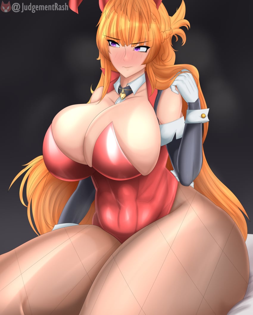 action_taimanin artist_name blush bunny_ears bunny_girl bunny_tail bunnysuit female female fishnet flushed flushed_face gloves gyaru huge_breasts kamimura_maika long_hair messy_hair musk musk_clouds nervous orange_hair purple_eyes rashjudgement red_bunnysuit signature sitting sitting_on_bed solo solo_focus taimanin_(series) taimanin_asagi_battle_arena taimanin_rpgx thick_thighs toned venus_body voluptuous wide_hips