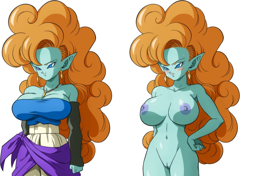 1girls big_breasts blue_eyes blush clothed curly_hair dragon_ball dragon_ball_z earrings female female_only fully_clothed gold_jewelry green_skin kame_paradise_3 long_hair naked nude solo solo_female tagme yamamoto_doujin zangya