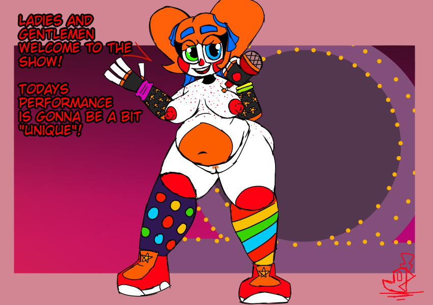 baby_(fnafsl) blue_eyes chubby chubby_female circus_baby circus_baby_(fnaf) clown clown_girl five_nights_at_freddy's freckles freckles_on_ass freckles_on_breasts freckles_on_face gloves green_eyes kink-klown microphone naked_female orange_hair pubic_hair pussy red_nipples shoes_on socks_and_shoes solo vagina white_skin