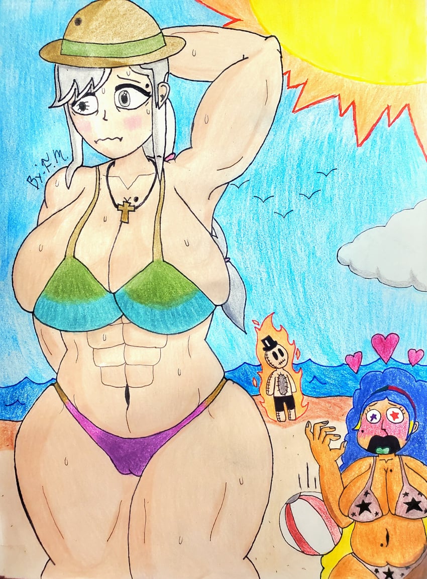 beach bikini blush chubby_female embarrassed f.m. first_porn_of_character heterochromia huge_breasts millifina_fergo_(f.m.) miracle_magius_(f.m.) mr.dummy_(f.m.) muscular_female original_character original_characters sweat