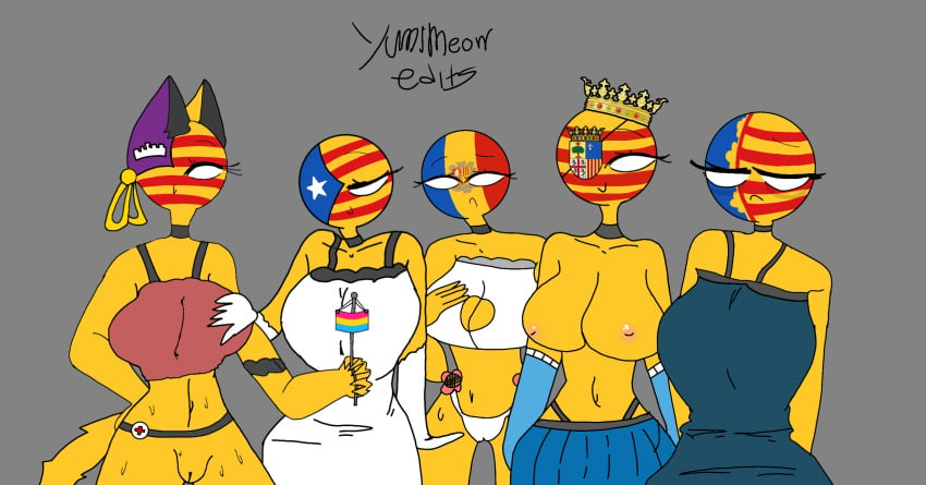 5girls andorra_(countryhumans) aragon_(statehumans) balearic_islands_(statehumans) belt catalonia_(countryhumans) collar countryhumans countryhumans_girl crown curious eyepatch hand_on_breast hands_behind_back happy multiple_girls no_bra one_eye statehumans statehumans_girl tired valencia_(statehumans) yumimeowedits