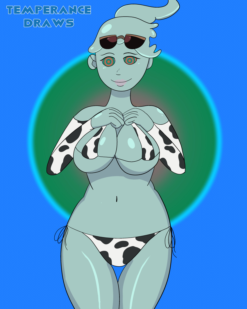 bikini bikini_bottom bikini_top breasts cow_print cow_print_bikini female female_only ghost ghost_girl hands_on_breasts hypnosis mind_control monster_prom pinup polly_geist short_hair smile smiling smiling_at_viewer string_bikini temperancedraws thigh_gap thighs