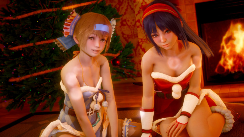 2girls 3d bra breasts brown_eyes brown_hair christmas_clothing christmas_outfit cleavage female female_only hair_ribbon long_hair looking_at_viewer medium_breasts multiple_girls nakoruru purple_hair rimururu samurai_shodown short_hair sisters small_breasts smile snk