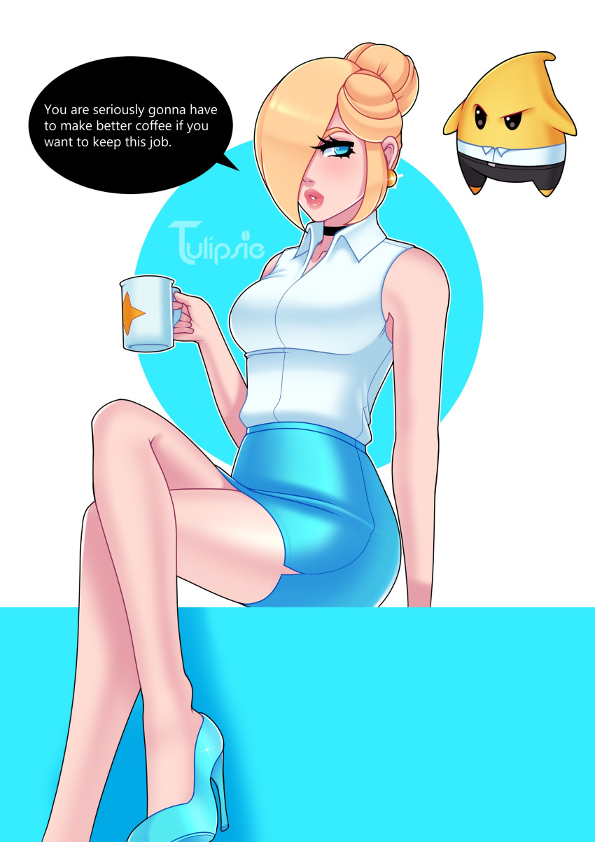 1girls blonde_hair blue_eyes breasts ceo choker coffee_mug collared_shirt crossed_legs cup earrings english_text hair_bun hair_over_one_eye high_heels jewelry luma mario_(series) medium_breasts mug nintendo office_lady princess_rosalina shirt sitting skirt sleeveless sleeveless_shirt speech_bubble text text_bubble tulipsie white_shirt