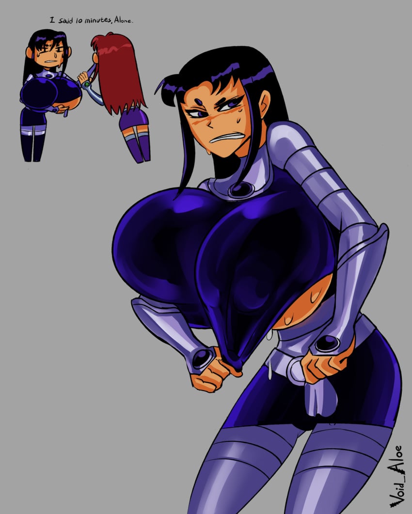 annoyed big_breasts black_hair blackfire clothed dc goth_girl huge_breasts no_bra purple_hair sisters starfire sweat sweaty sweaty_boobs sweaty_breasts tan_skin teen_titans underboob void_aloe