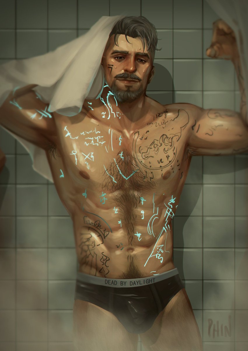 1boy 2023 abs armpit_hair bara barazoku beard biceps bulge daddy dbd dead_by_daylight facial_hair gay hairy hairy_chest hi_res highres looking_at_viewer male male_focus male_only male_pubic_hair manly muscles muscular muscular_arms muscular_male nipples phindraws solo solo_male tattoo underwear vittorio_toscano wet