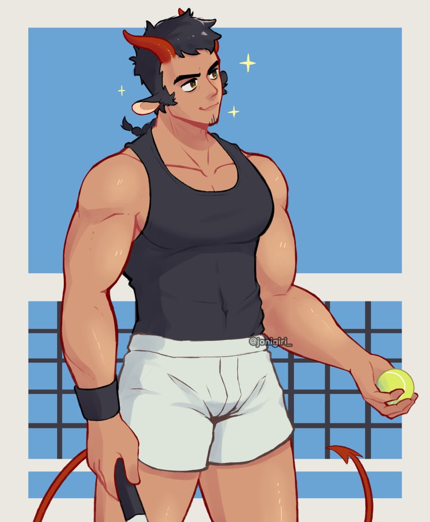 all_saints_street beard_stubble black_tank_top bulge clothed clothed_male dark_hair demon demon_horns demon_tail devil devil_tail flaccid fully_clothed jonigiri male male_only muscular_male nick_hoult pectoral_bulge shorts solo tank_top tennis_ball tennis_racket white_shorts