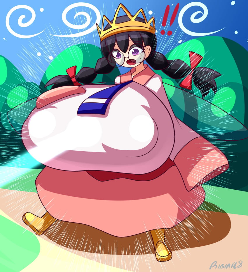 ! 1girls 2023 alternate_version_at_source black_hair breasts clothing crown dress female glasses hair_ribbon hi_res huge_breasts hyper_breasts kirby_(series) kirby_64 large_breasts long_sleeves necktie nintendo nipple_bulge queen_ripple ribbon ribimi28 scared solo twin_braids twintails