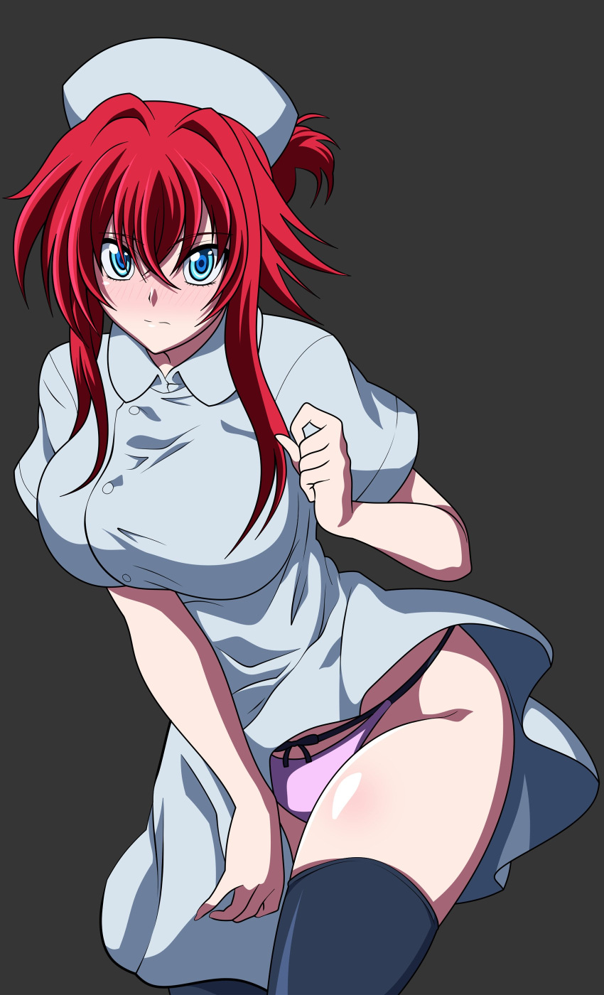 blue_eyes blush female high_school_dxd huge_breasts legwear nurse nurse_uniform oldhorrorz red_hair rias_gremory solo underwear voluptuous