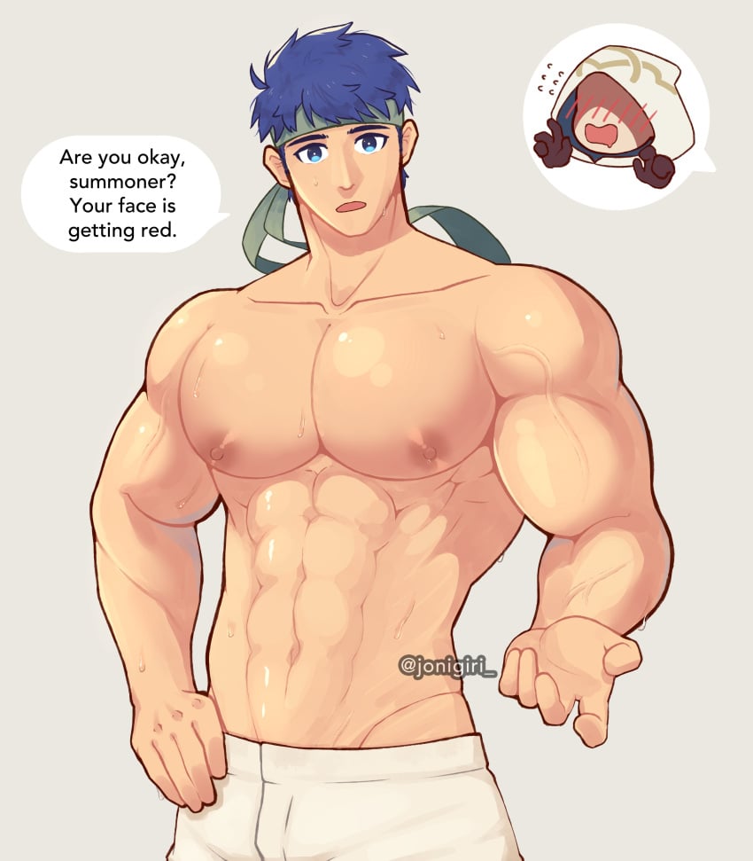 abs bara_tiddies bara_tits big_arms big_pecs blue_eyes blue_hair blush fire_emblem fire_emblem:_path_of_radiance fire_emblem:_radiant_dawn fire_emblem_heroes green_headband ike_(fire_emblem) jonigiri kiran_(fire_emblem) looking_at_viewer male male_nipples male_only muscular_arms muscular_male pov sweat sweating talking_to_viewer text text_bubble underwear veins veiny_arms white_underwear