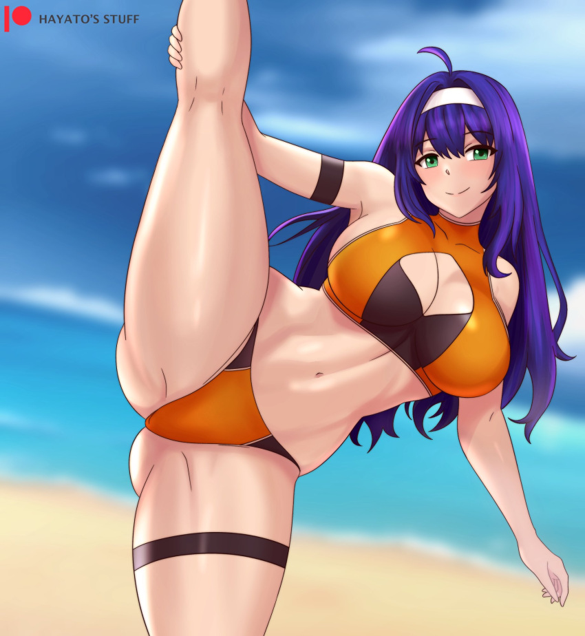 1girls alternate_costume ass_visible_through_thighs beach belly bikini breasts cleavage female female_only fire_emblem fire_emblem:_path_of_radiance hayato_stuff large_breasts legs legs_apart legs_up looking_at_viewer mia_(fire_emblem) navel nintendo orange_bikini orange_swimsuit purple_hair sand smile solo swimsuit water